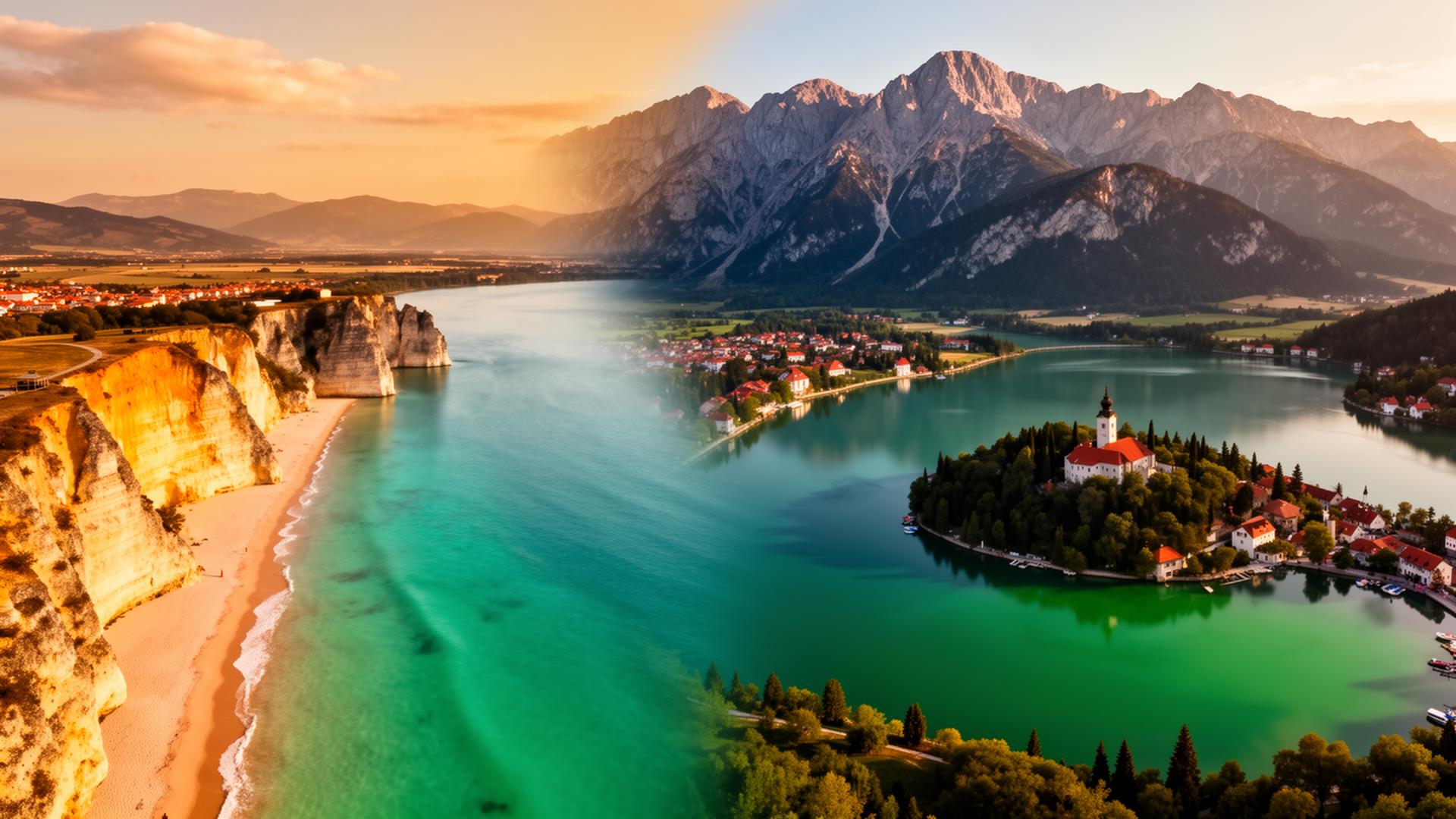 Beaches of Portugal blending into the Julian Alps of Slovenia