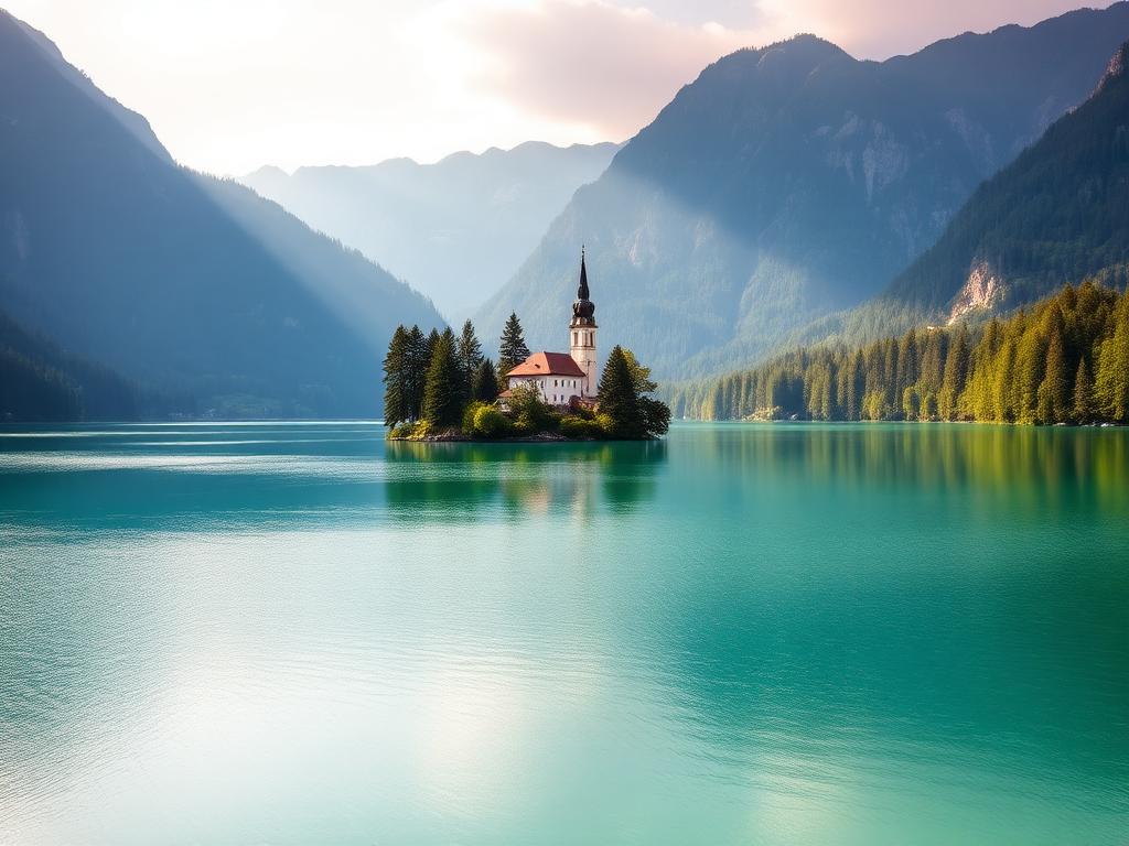 Lake Bled island church in Slovenia